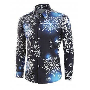 

Christmas Snowflake Light Print Button Up Shirt, Black