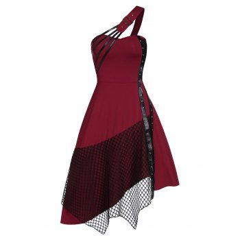 

One Shoulder Fishnet Insert Buckle Gothic Halloween Dress, Firebrick