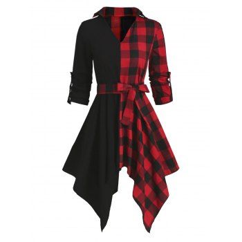 

Handkerchief Contrast Plaid Long Sleeve Casual Dress, Red wine