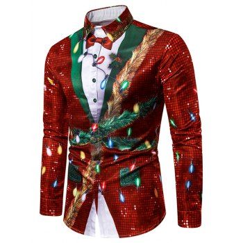 

Christmas Faux Sequins Button Up Tuxedo Shirt, Red