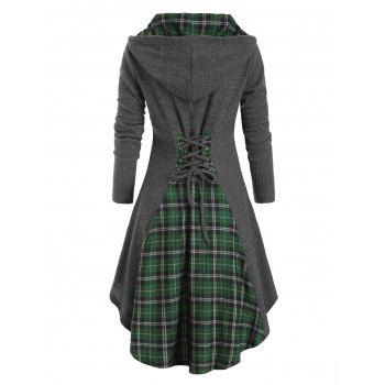 

Plaid Horn Button Lace Up High Low Hooded Cardigan, Gray