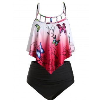 Plus Size Ombre Butterfly Print Overlay Tankini Swimsuit