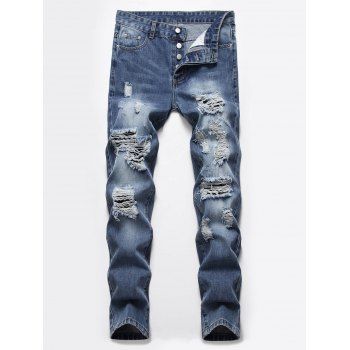 [62% OFF] 2022 Destroyed Ripped Button Fly Casual Jeans In DENIM DARK ...