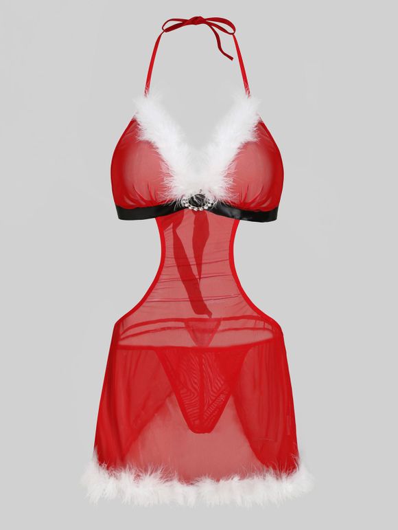 Body de Noël Fourré en Maille Transparente de Grande Taille avec T-String - Rouge L