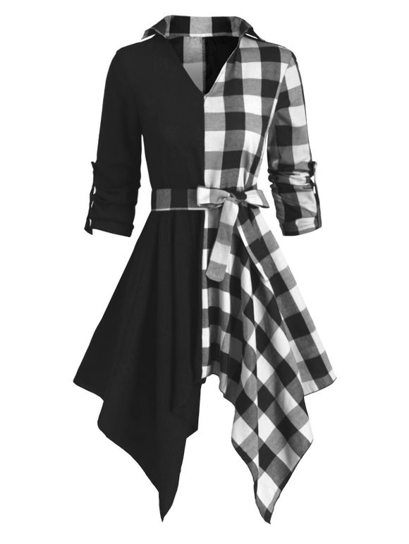 Robe Mouchoir Décontractée Contrastée à Carreaux à Manches Longues - Noir XL