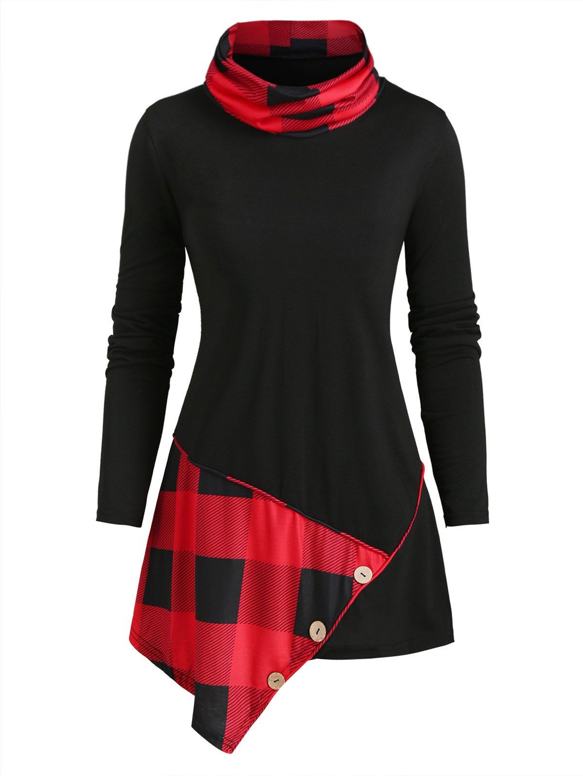 

Cowl Neck Plaid Panel Buttoned Asymmetrical Top, Red