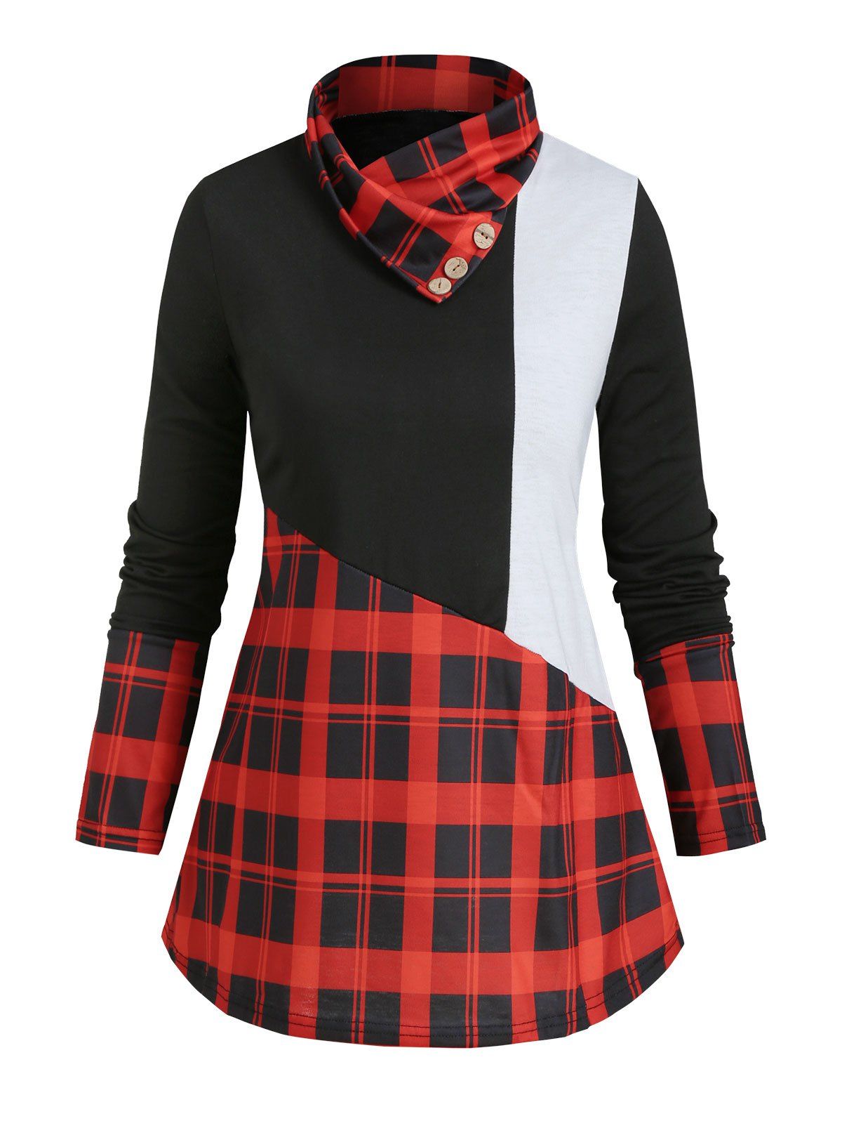 

Cowl Neck Plaid Panel Buttoned Colorblock Top, Red