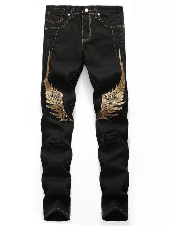 Wing Embroidery Zip Fly Casual Jeans - BLACK 34