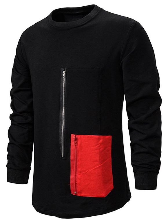 Sweat-shirt Décontracté Contrasté Zippé avec Poche - Noir 2XL