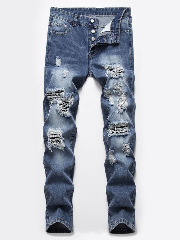 Destroyed Ripped Button Fly Casual Jeans - DENIM DARK BLUE 34