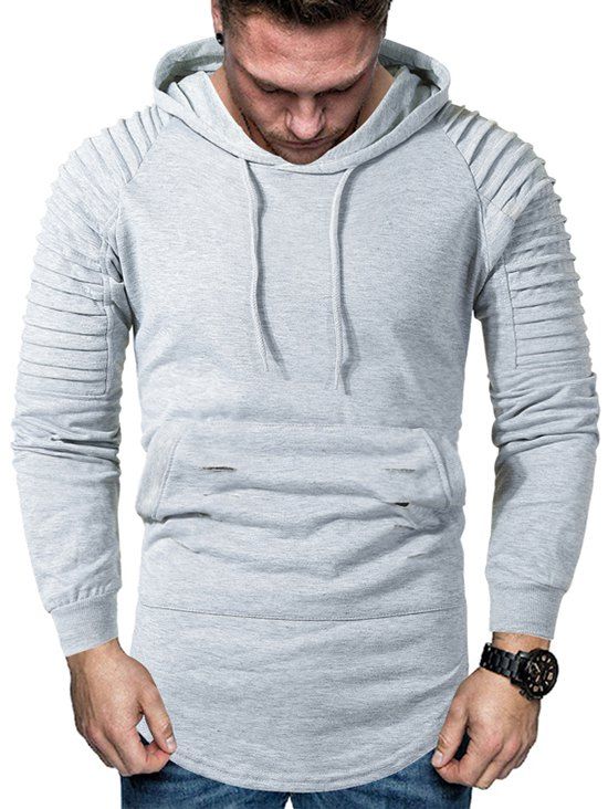 Sweat à Capuche Plissé Déchiré en Couleur Unie Ourlet Courbe à Manches Raglan - Gris Clair XS