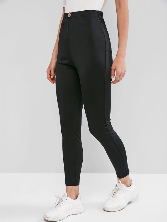 Mock Button Solid Fitted Leggings - BLACK S