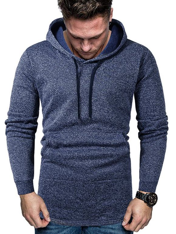 Sweat à Capuche Ourlet Courbe avec Poche Kangourou à Cordon en Laine - Bleu XL