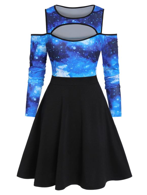 Robe Patineuse Découpée Galaxie Imprimée à Epaule Dénudée - multicolor A 2XL