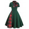 Plaid Panel Bow Tie Vintage Rockabilly Style A Line Dress - DEEP GREEN 2XL