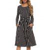 Robe Mi-Longue Rayée Ceinturée avec Poche - Noir L