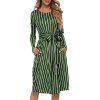 Robe Mi-Longue Rayée Ceinturée avec Poche - Vert Oignon M