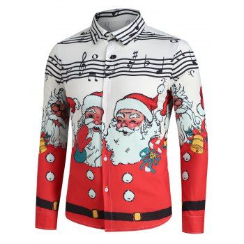 

Christmas Santa Claus and Music Notes Print Button Up Shirt, White