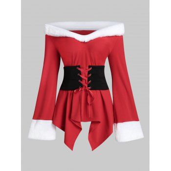 

Faux Fur Trim Asymmetrical Corset T Shirt, Red