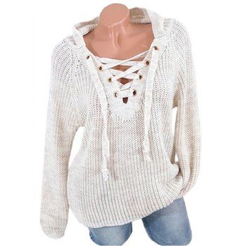 Lace Up Solid Hooded Sweater, Warm white