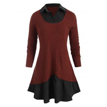 

Plus Size Two Tone Faux Twinset Longline Knitwear, Red wine