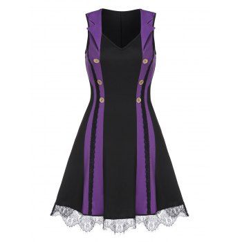 

Sleeveless Mock Button Lace Trim Contrast Mini Dress, Purple