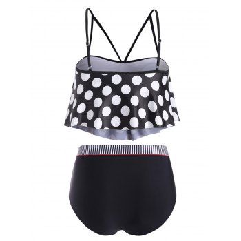 

Polka Dot Buttoned Harness Flounces Plus Size Tankini Swimsuit, Black