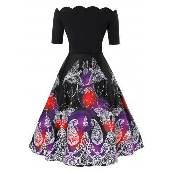 

Plus Size Off The Shoulder Scalloped Butterfly Print Dress, Black