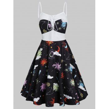 

Sun Moon Print Lace Up Mini A Line Dress, Black