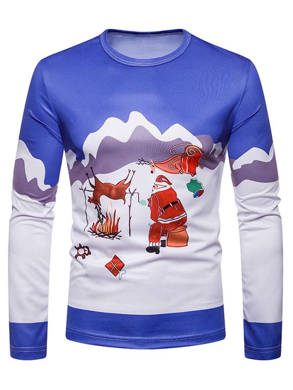 T-shirt de Noël Cerf Graphique à Manches Longues - Bleu Océan M