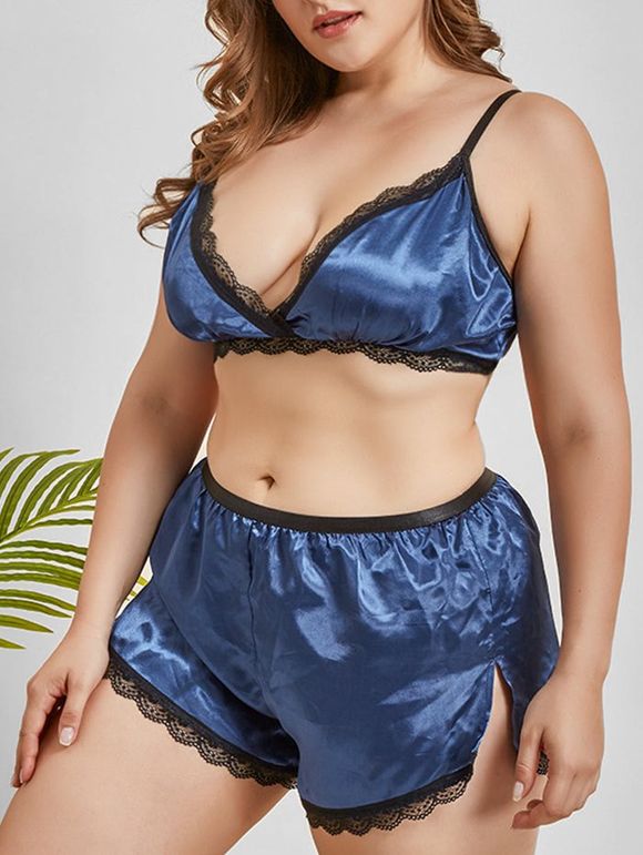 Ensemble de Lingerie Fermeture en Arrière à Ourlet en Satin de Grande Taille - Bleu Myrtille 4X