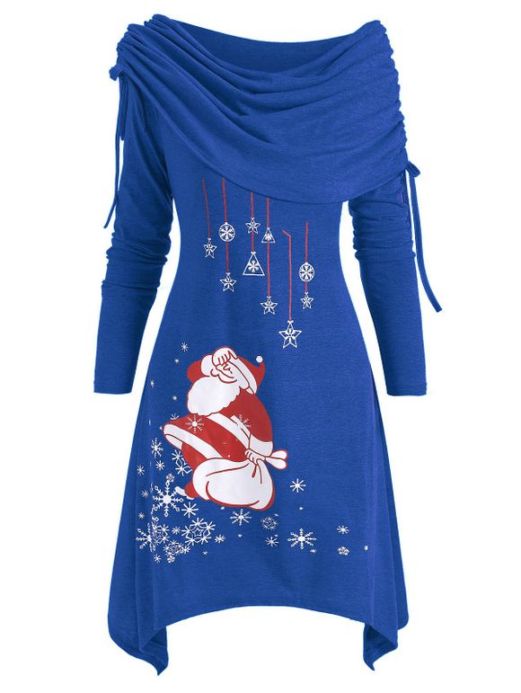 Robe Asymétrique Père Noël Pliée à Epaule Dénudée - Bleu XL