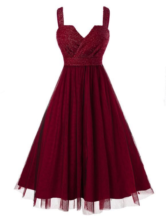 Plus Size Sleeveless Metallic Thread Mesh Prom Dress - RED WINE 3X