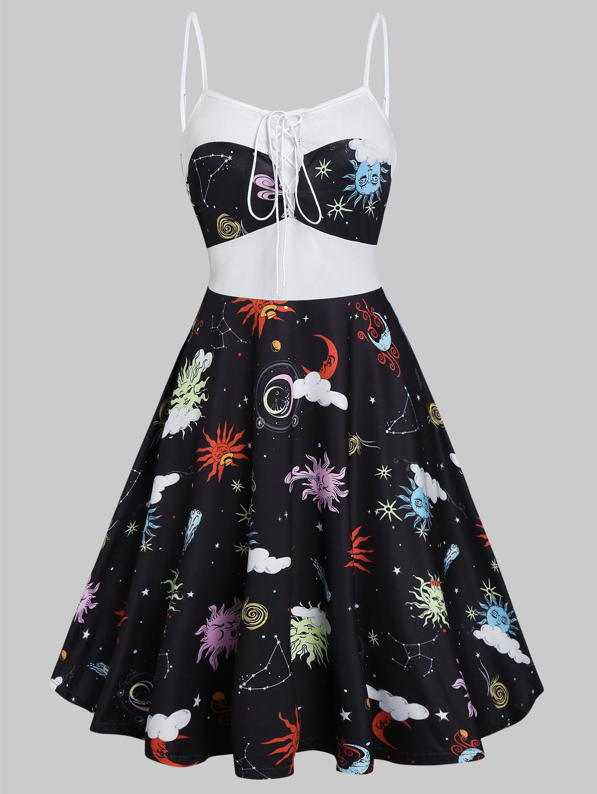 Sun Moon Print Lace Up Mini A Line Dress - BLACK L