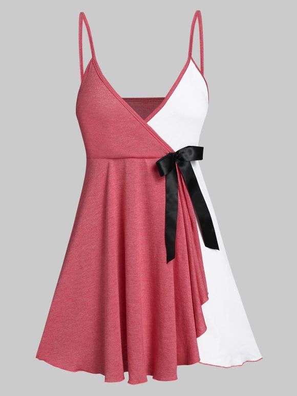 Haut à Bretelle Superposé Contrasté Embelli de Nœud Papillon - Rouge Cerise M