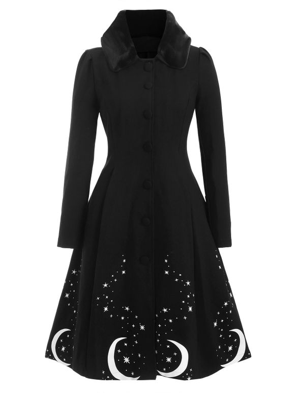 Manteau Long Lune Etoile Imprimées en Fausse Fourrure de Grande Taille - Noir 5X