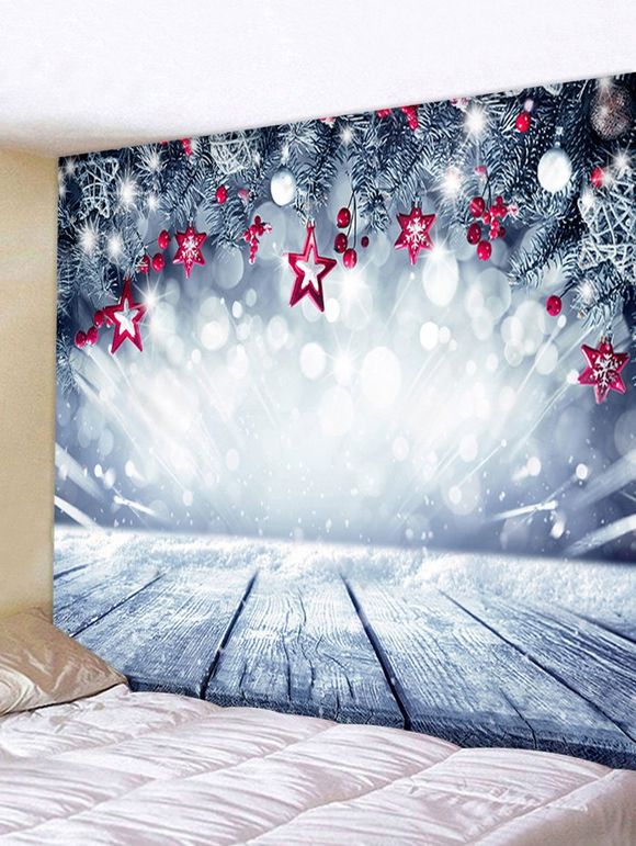 Tapisserie Murale Pendante Art Décoration Etoiles de Noël et Plache en Bois Imprimés - Bleu gris W79 X L71 INCH