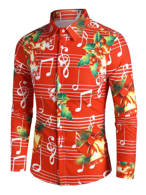 Christmas Bells Music Notes Print Button Up Shirt - RED XL
