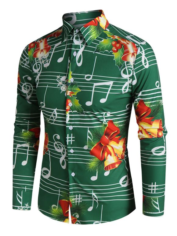 Chemise Boutonnée Clochette de Noël et Note de Musique Imprimées - Aigue Marine Moyenne 3XL