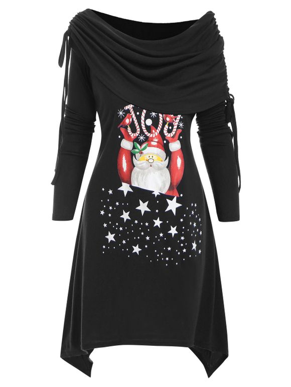 Robe Asymétrique Pliée Etoile et Père Noël - Noir 3XL