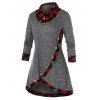 T-Shirt Tunique Panneau à Carreaux à Manches Longues Grande Taille - Gris 5X
