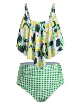 Plus Size Lemon Print Overlay Plaid Tankini Swimsuit