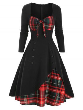 Plaid Button Embellished Overlap Bowknot Dress