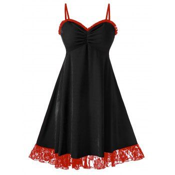 

Plus Size Christmas Velvet Lace Panel Flounce Cami Dress, Black