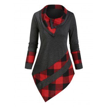 

Plaid Panel Asymmetric Long Sleeves Top, Ash gray