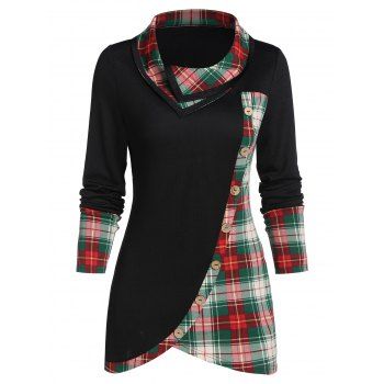 

Plaid Print Mock Button Long Sleeve Overlap T-shirt, Black