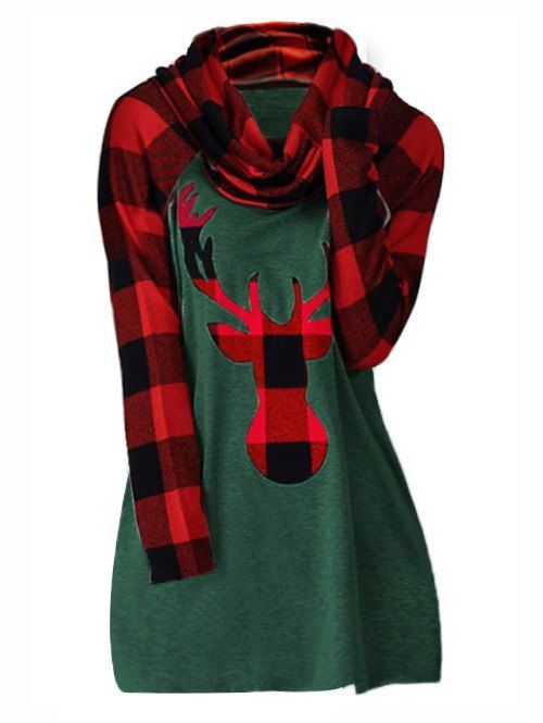 Plus Size Cowl Neck Plaid Elk Imprimer Noël T-shirt - Vert profond L