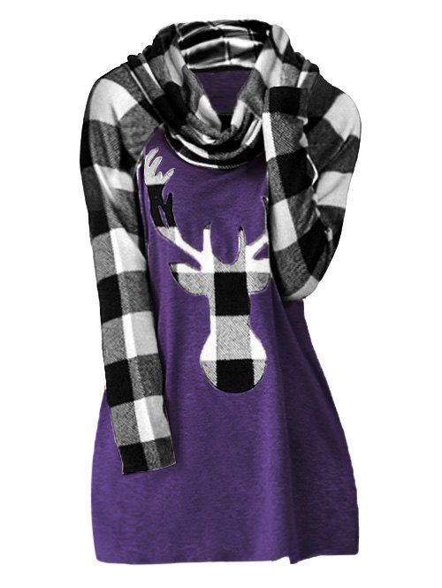 Plus Size Cowl Neck Plaid Elk Print Christmas T Shirt - PURPLE AMETHYST 4X