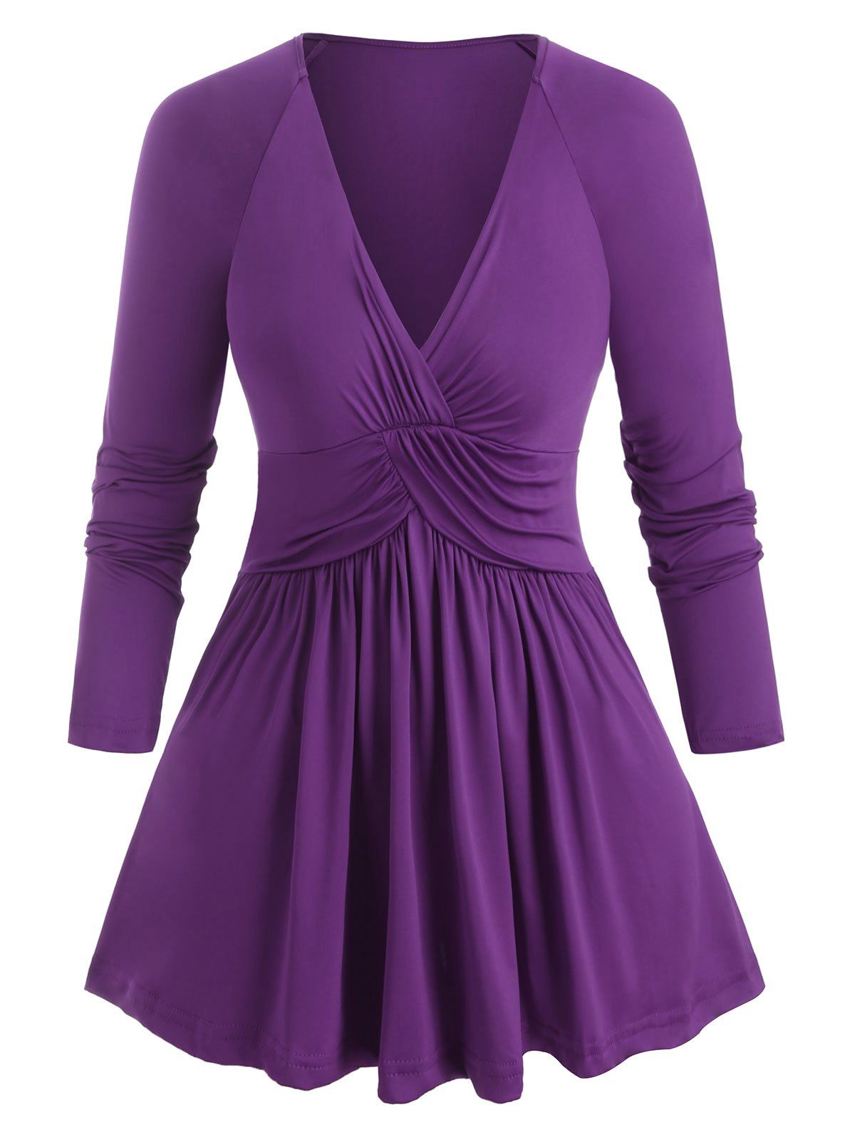 

Plus Size Plunging Neckline Ruched T Shirt, Purple amethyst