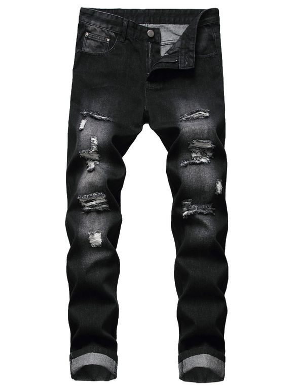 Pantalon Long Zippé Déchiré en Denim - Noir 34